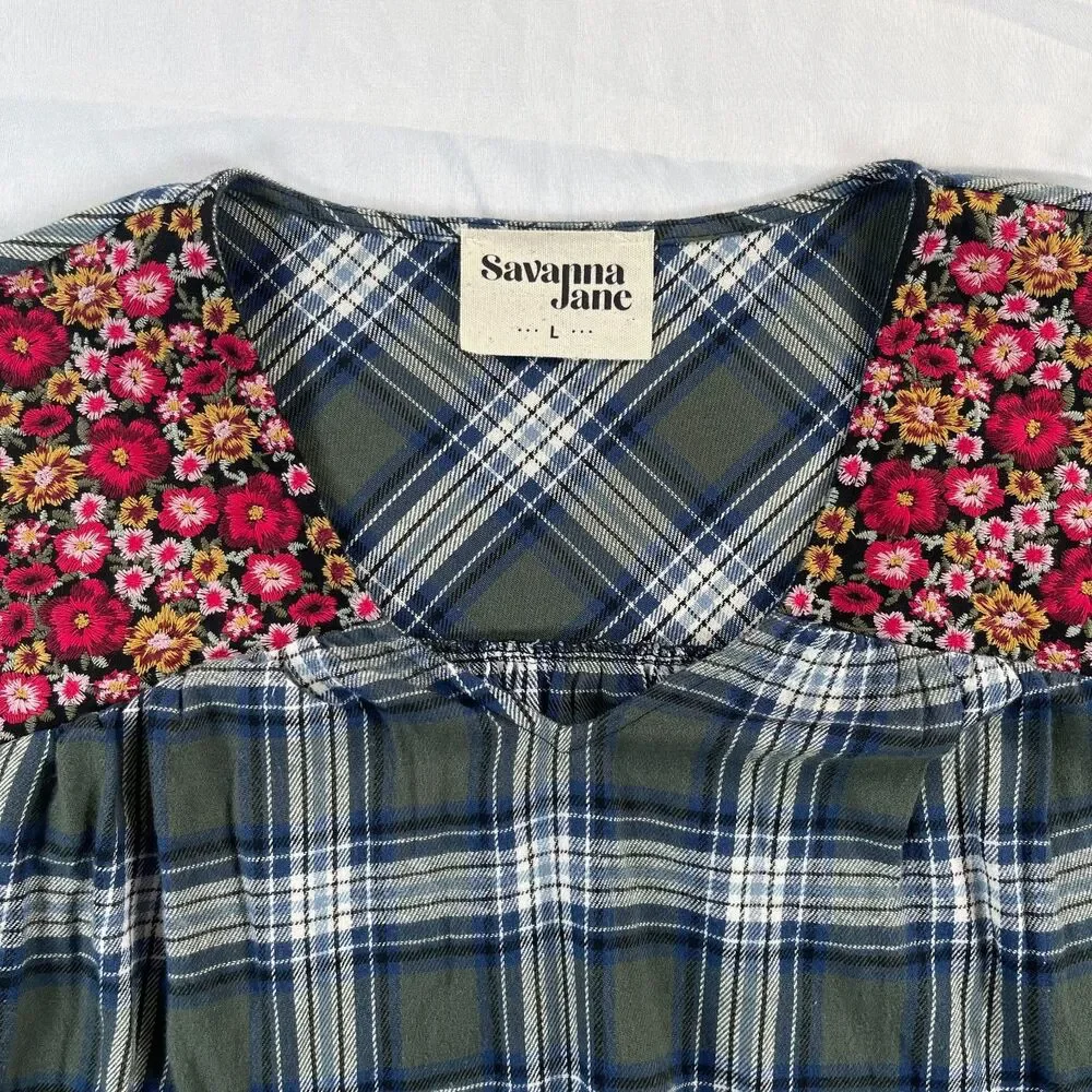 Savanna Jane Plaid Floral Embroidered Peasant Blouse L Green Cottagecore Boho